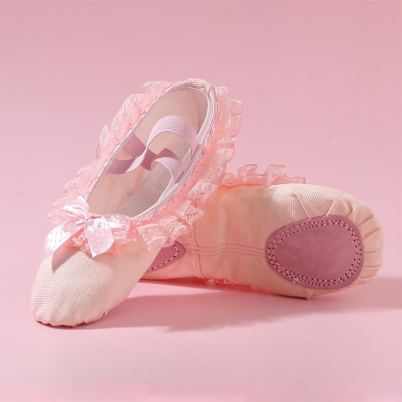 バレエシューズ キッズ 大人 子供 女の子 ガールズ レディース 女性 公演 発表会 舞台 練習 パフォーマンス 舞踊 ダンス 幼児 ヨガ オールシーズン ピンク バンド 布 フリル リボン レース