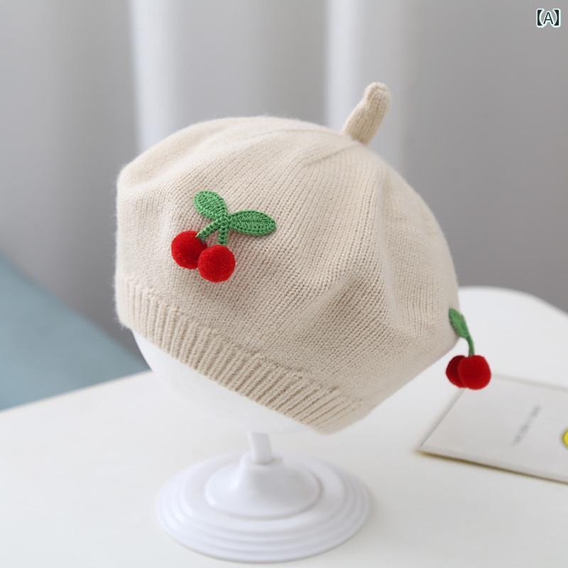 ベレー帽 キッズ ベビー 女の子 秋冬 子供用品 帽子 保育園 お出かけ 防寒 5ヶ月～24ヶ月 かわいい さくらんぼ ウール ニット ピンク 黄色 青 2