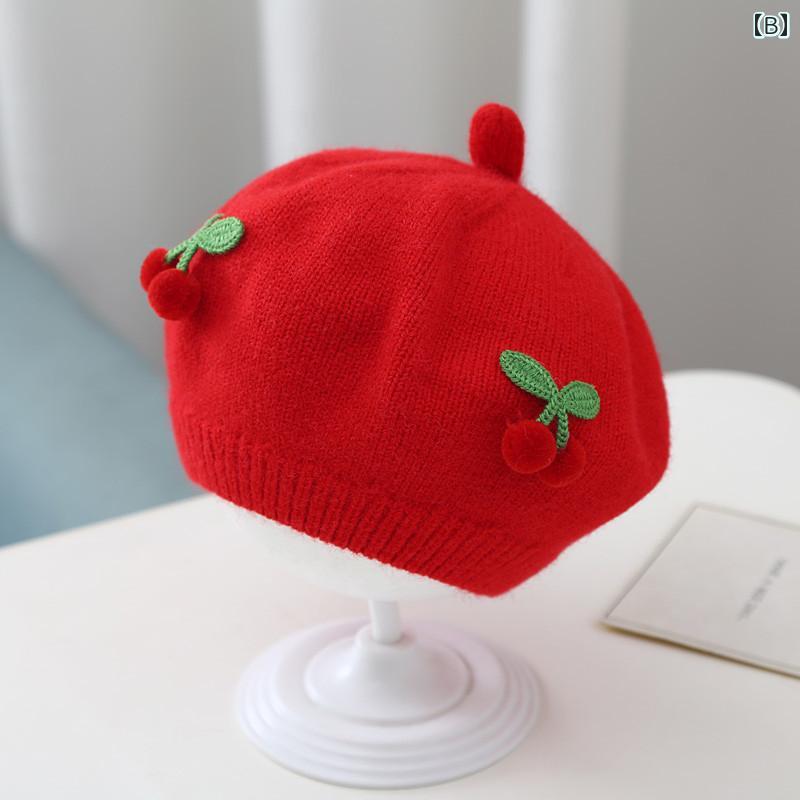 ベレー帽 キッズ ベビー 女の子 秋冬 子供用品 帽子 保育園 お出かけ 防寒 5ヶ月～24ヶ月 かわいい さくらんぼ ウール ニット ピンク 黄色 青 3