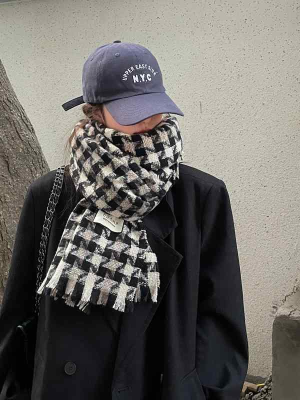 マフラー レディース ストール 防寒 暖かい 春秋冬 千鳥格子 チェック 長方形 大判 柔らかい おしゃれ 黒 カーキ 赤 韓国 多目的 羽織り ひざ掛け 男女兼用 プレゼント