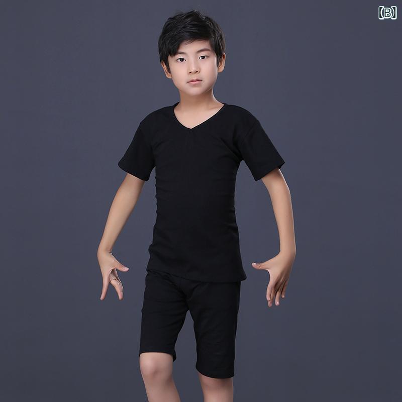 ダンス 子供 男の子 春夏 半袖 シャツ Vネック ズボン ショートパンツ バレエ 練習...