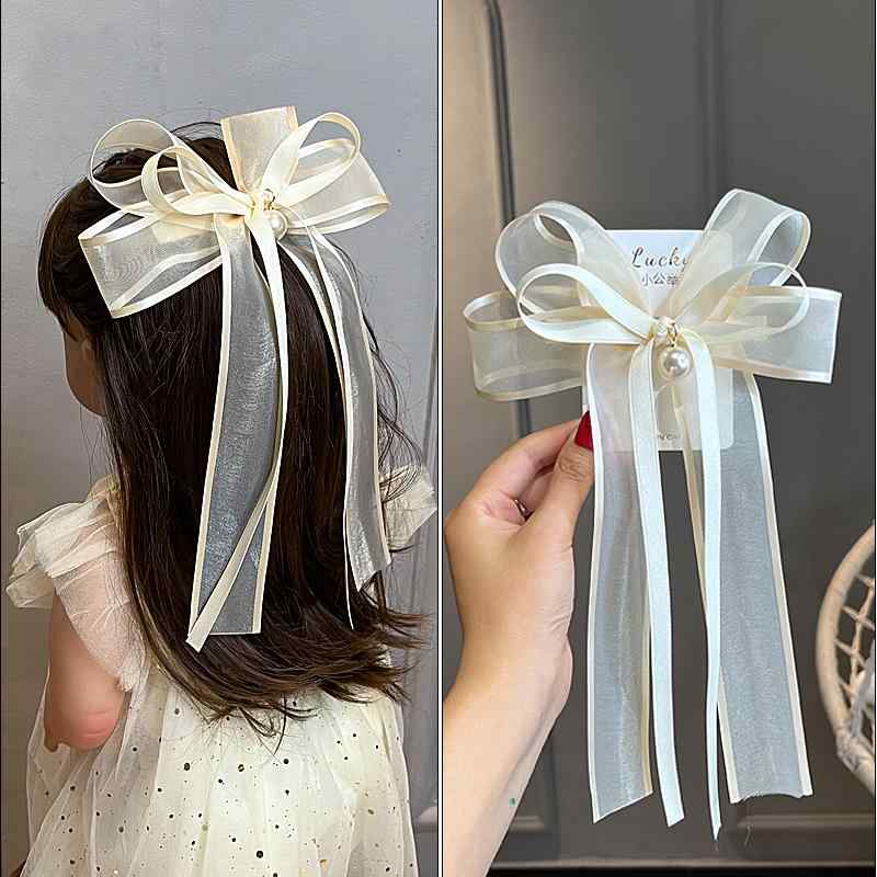 髪飾り 子供 女の子 ビッグリボン ロング パールペンダント バックヘッド プリンセス クリップ ヘアアクセサリー かわいい 白 ピンク 黒