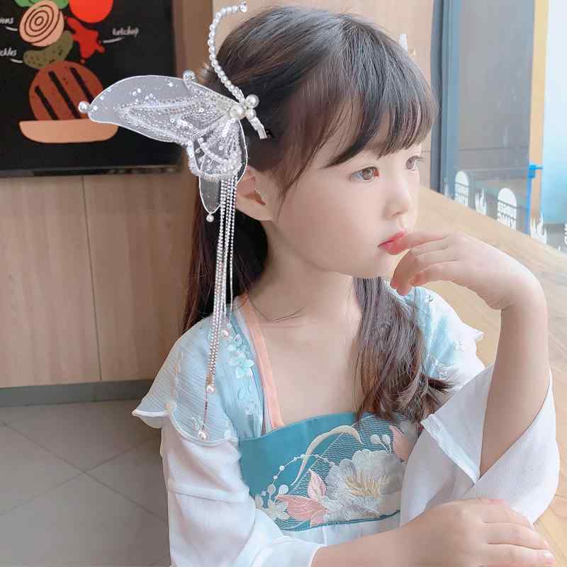 髪飾り 子供 女の子 メッシュ 蝶 ラインストーン きらきら パール 妖精 エルフ ヘアアクセサリー かわいい レトロ 揺れる キラキラ 白