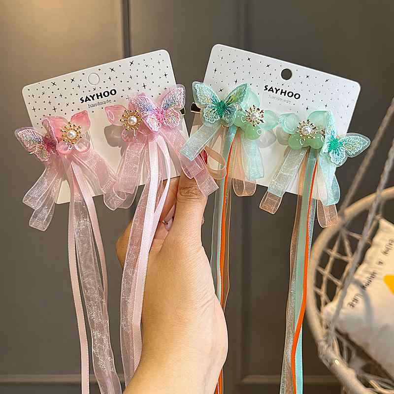 ヘアアクセサリー リボン 子供用 髪飾り 女の子 レトロ 長い 漢服 チャイナ風 蝶 パール ピン 編み込み..