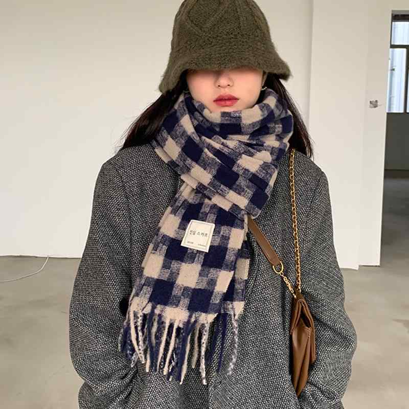 マフラー レディース チェック スカーフ 冬 暖かい 防寒 厚手 韓国 ショール ストール おしゃれ カジュアル 普段使い 青 フリンジ