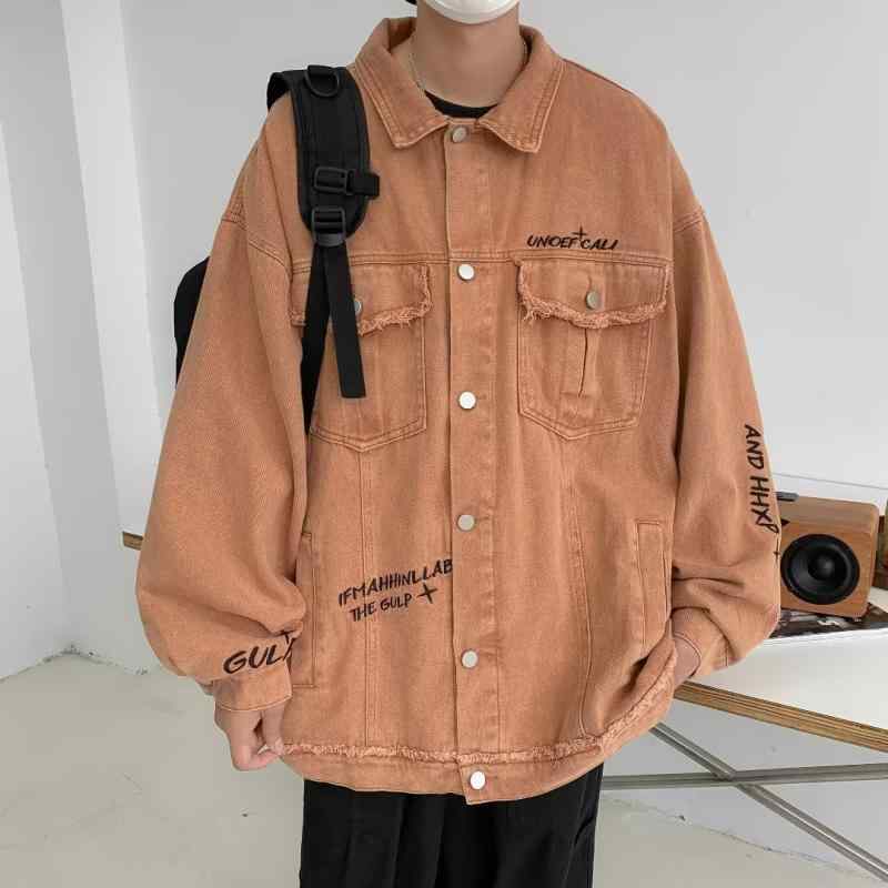 デニムジャケット メンズ アメリカン レトロ 刺繍 春秋 ストリート ヒップホップ ルーズ ベージュ ブラック アウター ゆったり 大きいサイズ おしゃれ カジュアル Gジャン