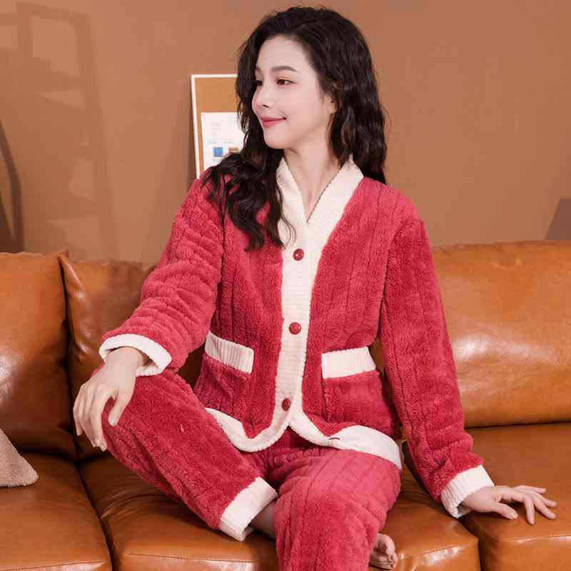 パジャマ レディース 冬 大人 暖かい 赤 青 黄 起毛 女性 厚手 ルームウェア 2点セット ゆったり カーディガン ズボン パンツ 長袖 かわいい ウエストゴム 前開き Vネック 襟付き アヒル