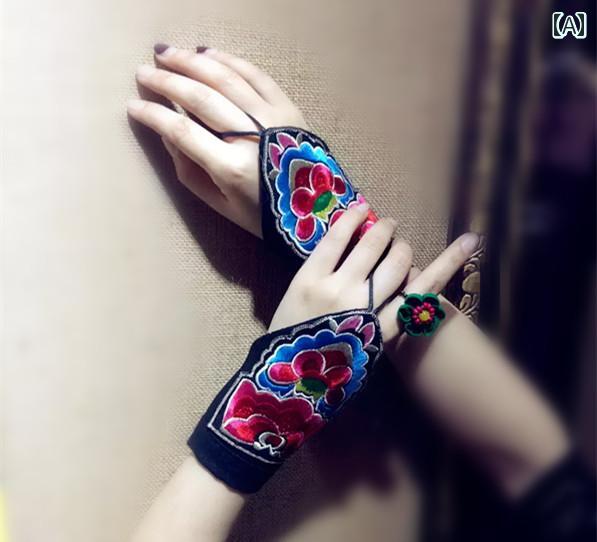 フィンガーレスグローブ レディース カフス ブレスレット リストバンド ダンス 舞台 刺繍 綿 ペア 1個売り 中国 レトロ おしゃれ 花 黒