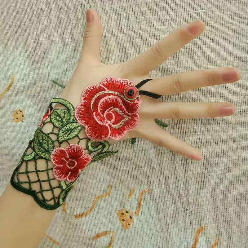 フィンガーレスグローブ レディース 夏 カフス ブレスレット リストカバー アクセサリー ダンス 舞台 刺繍 中国 レトロ おしゃれ 花 赤