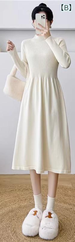 ニットワンピース 秋冬 レディース 切り替え 黒 アプリコット 無地 リブ 長袖 ハイネック フレア Aライン プルオーバー お出かけ ショッピング デート カジュアル かわいい