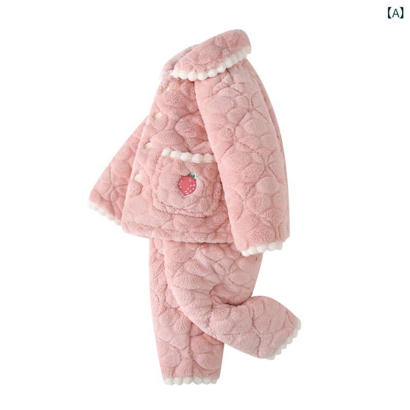 パジャマ キッズ 女の子 男の子 子供 長袖 秋冬 フランネル 厚手 ルームウェア 部屋着 もこもこ 暖かい 防臭 吸湿 保温 かわいい フリル いちご 牛 うさぎ 紫 青 ピンク(4)