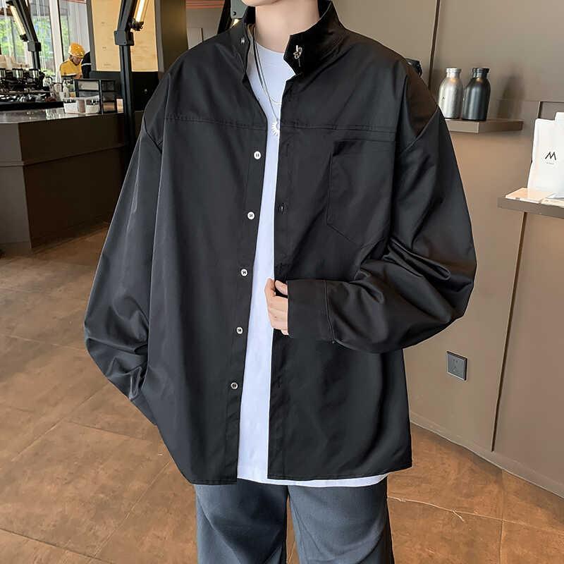 乐天商城 - メンズ カジュアル シャツ 長袖 大きいサイズ 男性 女性 レディース 春 スタンドカラー ゆったり 普段使い 羽織り 白 黒 無地 シンプル ポケット
