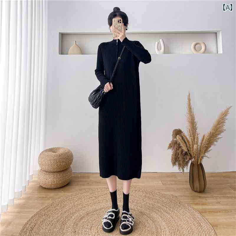ニット ワンピース 秋冬 ミドル丈 長袖 ミモレ かわいい 着痩せ ジッパータイト スカート ワンマイルウェア カジュアル プルオーバー黒 アプリコット カーキ
