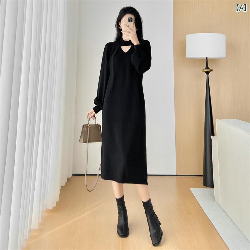 ニット ワンピース ロング ミモレ丈 長袖 秋冬 女性 ルーズ ラウンドネック 胸空き カットアウト ミドル 膝上 シンプル 黒 グレー キャメル