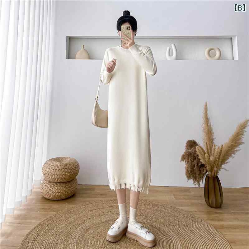 ニット ワンピース ロング ミモレ丈 ゆったり 長袖 レディース ラウンドネック プルオーバー カジュアル 女性 秋冬 黒 アプリコット キャメル