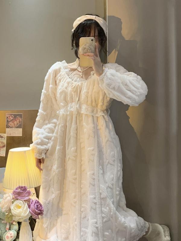 ルームウェア レディース 冬 厚手 暖かい ナイトガウン 秋 フランネル パジャマ ワンピース かわいい ..