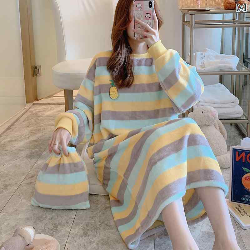 ルームウェア レディース 冬 ナイトガウン 秋 パジャマ 厚手 暖かい かわいい フランネル 部屋着 大きいサイズ ワンピース ストライプ チェック パイナップル うさぎ サクランボ 黄 赤 青