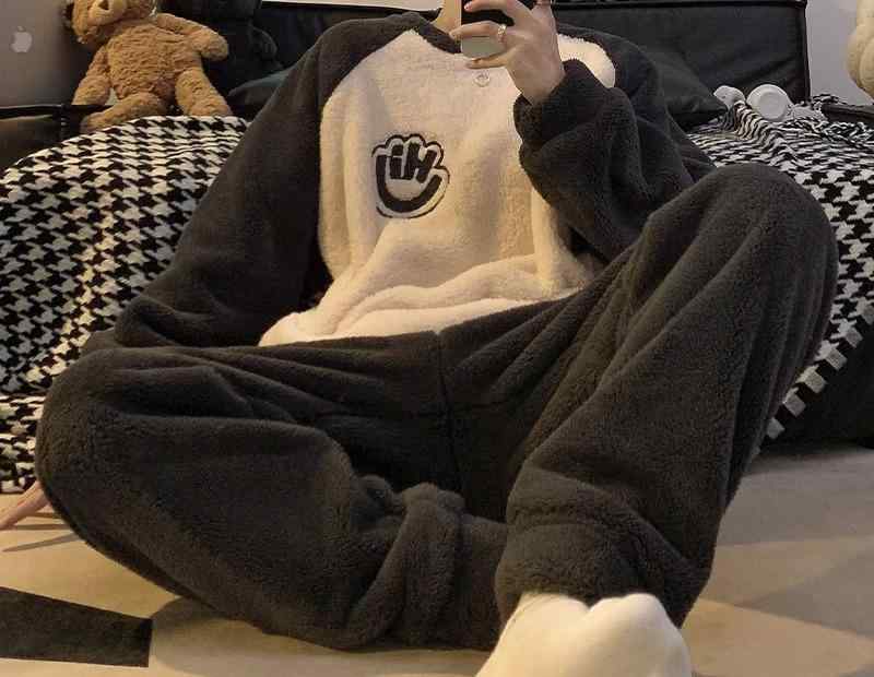 もこもこ パジャマ メンズ 秋冬 ルームウェア プルオーバー 起毛 厚手 暖かい フランネル 英字 くま パ..