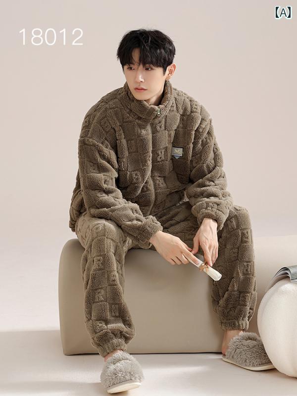 もこもこ パジャマ メンズ 秋冬 ルームウェア 前開き 起毛 厚手 暖かい フランネル 長袖 茶色 グレー 青 くま パンダ 猫 スタンドカラー ジップアップ 上下セット ウエストゴム 部屋着 大きいサイズ カジュアル おしゃれ