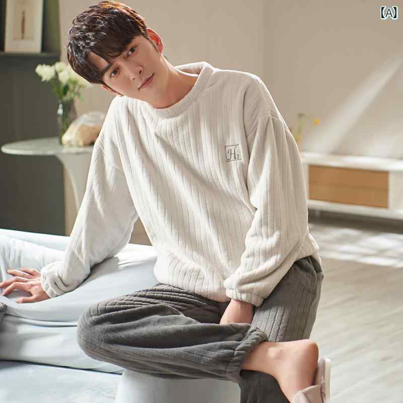 もこもこ パジャマ メンズ 秋冬 ルームウェア 韓国 プルオーバー 起毛 厚手 暖かい フランネル 青 茶色 グレー 無地 くま 恐竜 刺繍 長袖 ラウンドネック 襟なし ウエストゴム セットアップ 部屋着 大きいサイズ カジュアル 可愛い