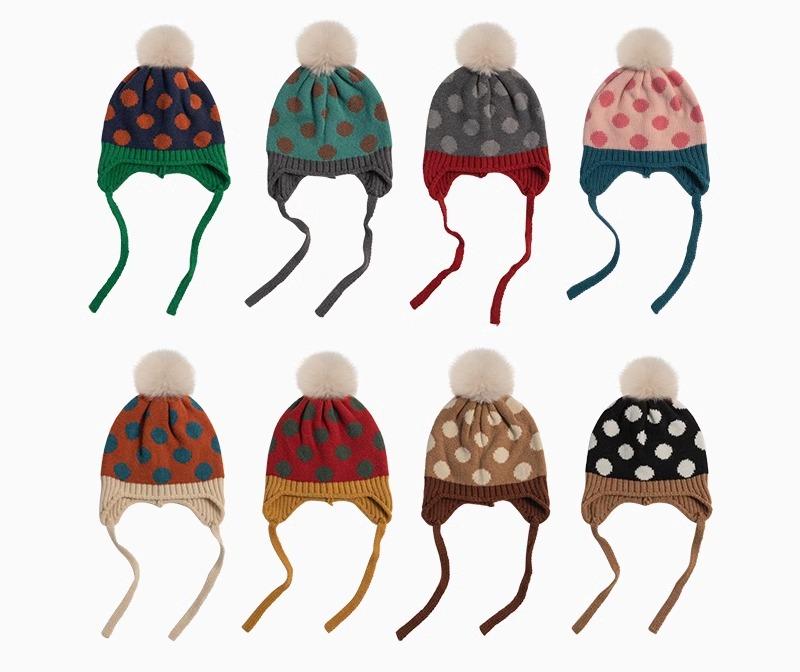 ニット帽 キッズ 耳 保護 レトロ 水玉 かわいい ふわふわ 屋外 子供 男の子 ウール 冬 少年 帽子 幼児 ..