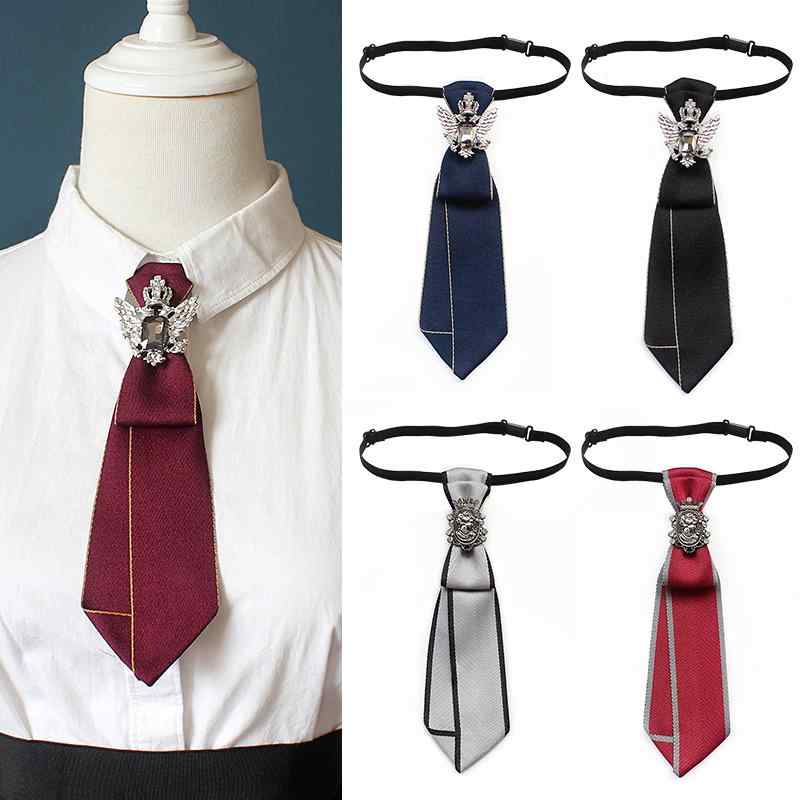 ワンタッチ ネクタイ レディース メンズ おしゃれ ショート ダービー ナロータイ ゴムバンド ダンス 衣装 ファッション小物 結ばない 簡単装着 パフォーマンス イベント 舞台 JK コスプレ 写真撮影 韓国 鷲 カメオ 王冠 ブラック ブルー レッド