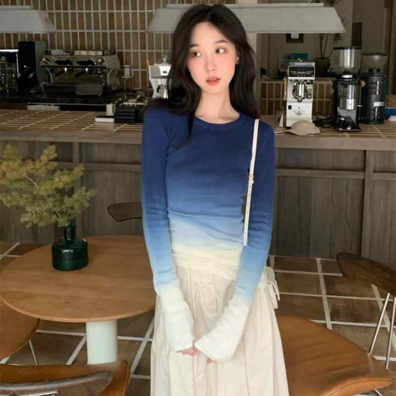 Tシャツ レディース 長袖 春秋 ニット トップス プルオーバー ラウンドネック 薄手 スリム フィット お..