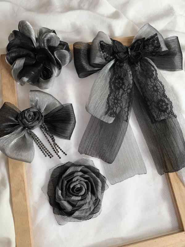 リボン ブローチ ローズ 薔薇 コントラスト 立体的 オーガンザ ヘアアクセサリー ニッチ レディース レ..