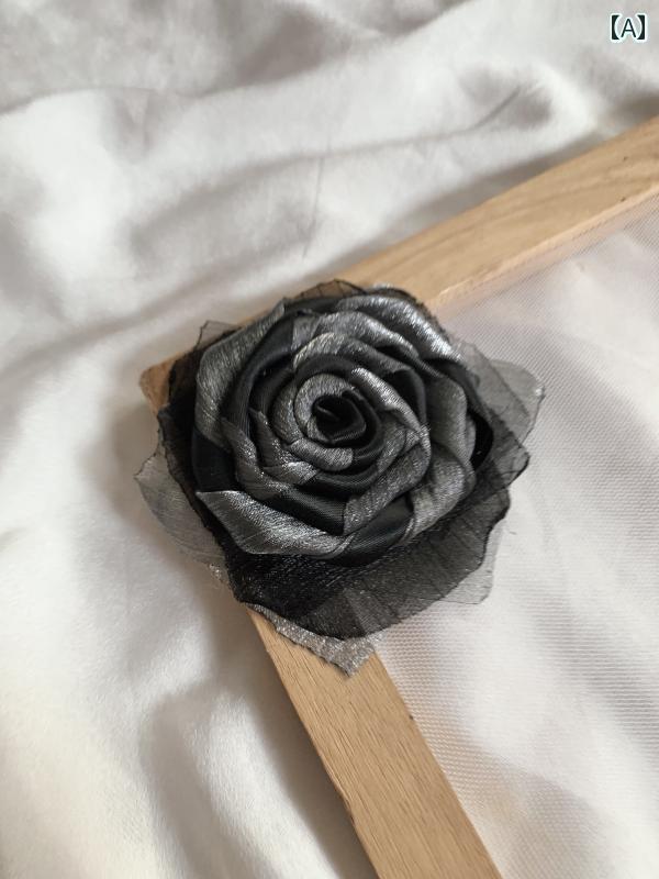 リボン ブローチ ローズ 薔薇 コントラスト 立体的 オーガンザ ヘアアクセサリー ニッチ レディース レース おしゃれ シルバーグレー 黒 2