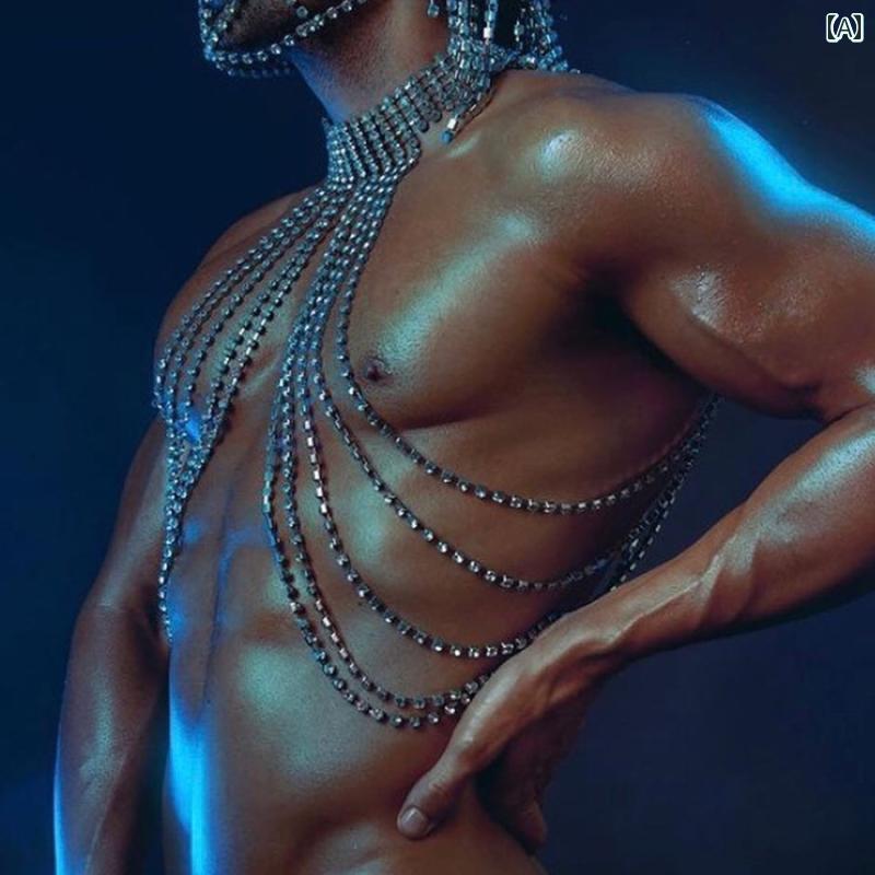 ボディチェーン 胸元 セクシー メンズ アクセサリー ダンス 衣装 キラキラ ブラ 夏 ビーチ アメリカン ロング タッセル ネックレス シルバー