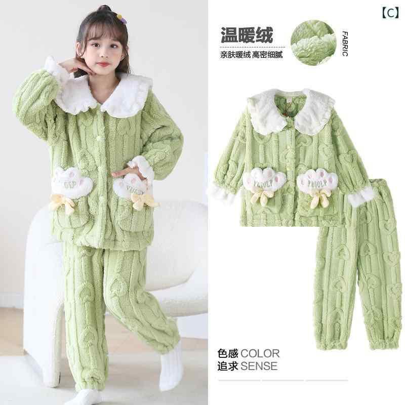 もこもこ パジャマ キッズ 子供 女の子 ルームウェア 暖かい 長袖 春秋冬 上下セット フリース 厚手 フランネル 襟付き 前開き ウエストゴム ポケット 柔らかい かわいい 緑 黄 青