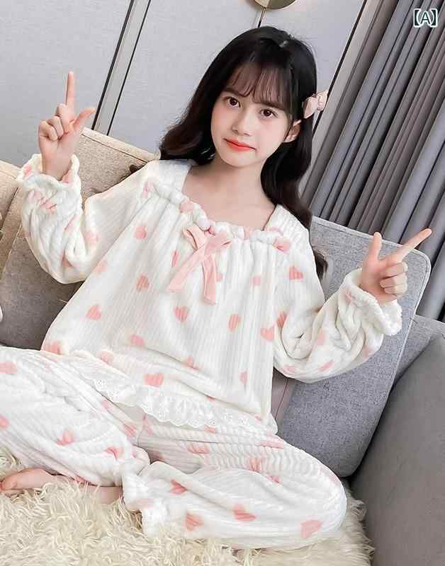もこもこ パジャマ 子供 キッズ 女の子 ルームウェア 暖かい 長袖 秋冬 上下セット フランネル 厚手 柔らかい スクエアネック プルオーバー リボン フリル レース ハート かわいい ガーリー 白質感: コーラル起毛適した季節：冬