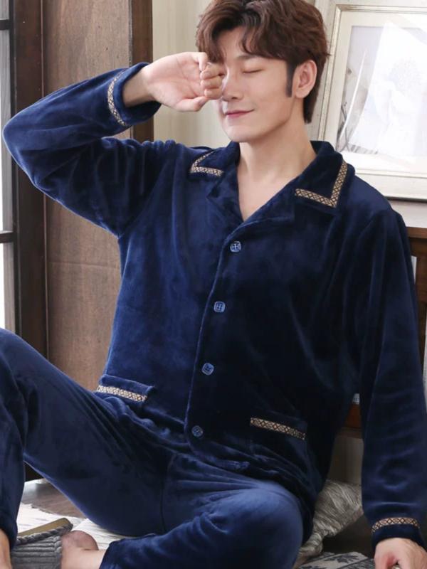 あったか ルームウェア メンズ 冬 パジャマ セット 厚手 暖かい 防寒 カーディガン 長袖 フランネル 部屋着 おしゃれ カジュアル 普段使い ウエストゴム 大きいサイズ 前開き ボタン プルオーバー グレー カーキ 紺