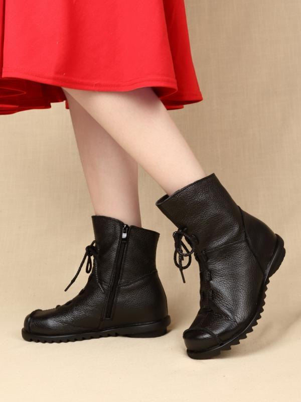 ショートブーツ レディース 歩きやすい 40代 コットン レトロ 春秋冬 牛革 ソフトソール カジュアル 快適 シングル 裏ボア ローヒール ラウンドトゥ 黒 赤 カーキ