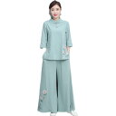 太極拳 服 レディース トップス チャイナ風 綿 リネン レトロ ロング ワイドパンツ 上下 セット 柔らかい ゆったり リラックス ルームウェア 緑 白 ピンク