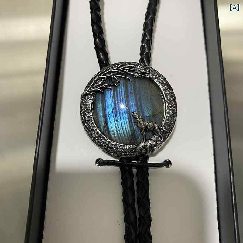 ループタイ ネックレス ブルー ライト ラブラドライト ロープ 紐 ネクタイ カジュアル レザー アクセサリー ロング 青 月下 狼