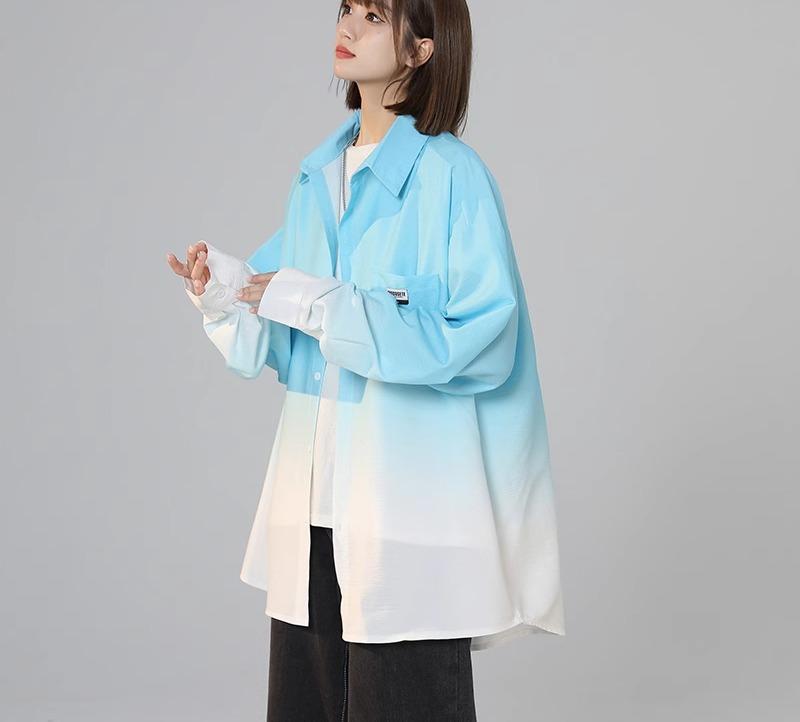 シャツ レディース 長袖 メンズ 春秋 トップス 襟 ボタン ポケット しわ加工 薄手 ゆったり カジュアル おしゃれ シンプル グラデーション 黒 青 ピンク...