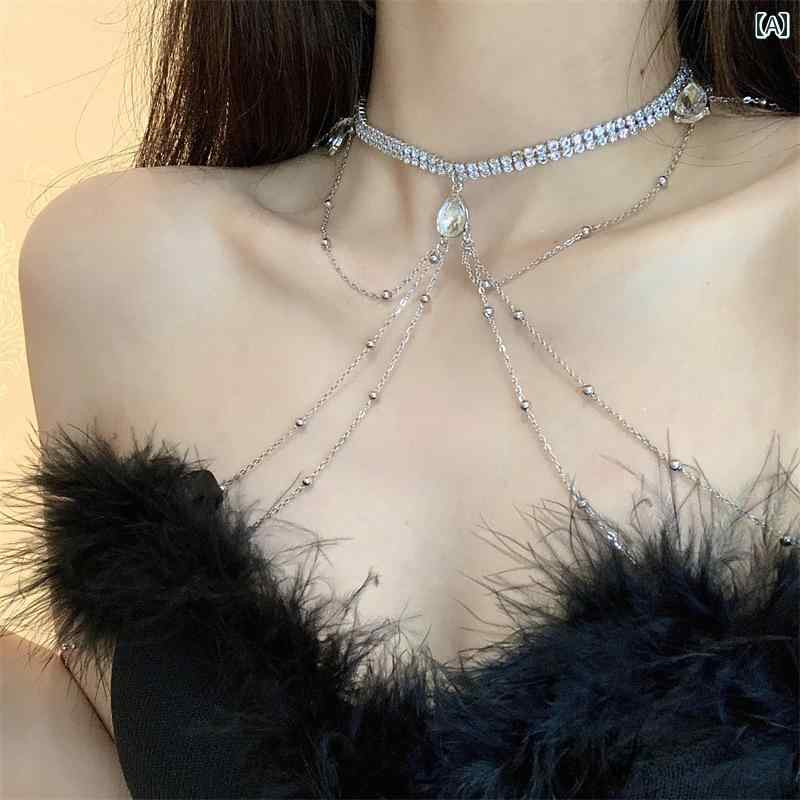 ボディーチェーン ウエディング ブライダル アクセサリー おしゃれ ネックレス ラインストーン 鎖骨 多層 装飾 ショルダー ショール ケープ 結婚式 二次会 パーティー 花嫁 新婦 パフォーマンス ビジュー キラキラ エレガント セクシー