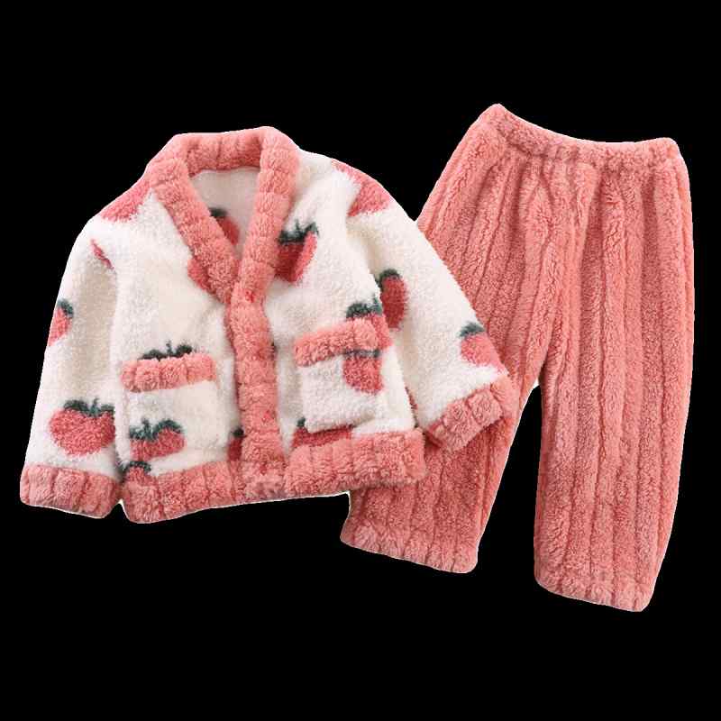 Pajamas - もこもこ パジャマ キッズ 子供 女の子 ルームウェア 暖かい 長袖 秋冬 上下セット ベビー 厚手 通気性 フランネル 起毛 前開き Vネック ウエストゴム かわいい ピンク 紫 ウサギ