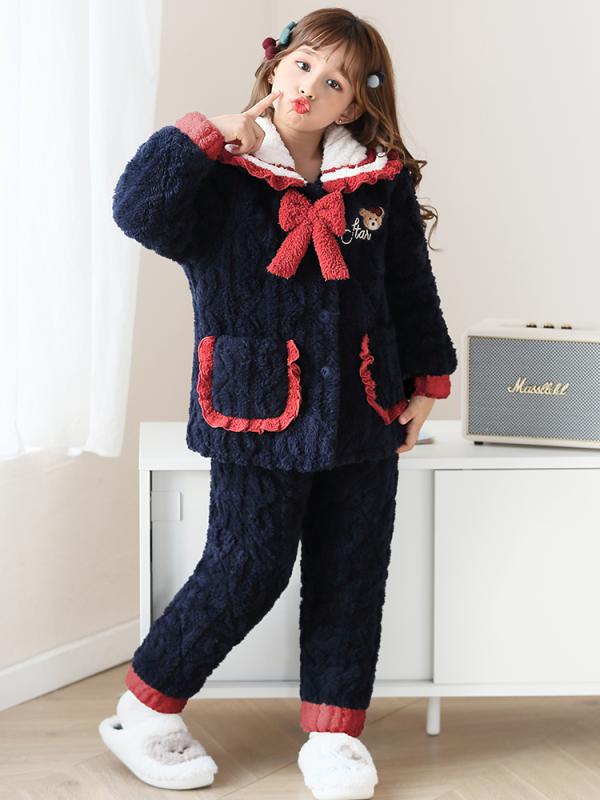 パジャマ キッズ 女の子 もこもこ かわいい 冬 厚手 三層 裏起毛 ビッグカラー 襟付き ホームウェア セット キルティング フランネル 暖かい 大きいサイズ リボン うさぎ 犬 紺 ピンク 紫