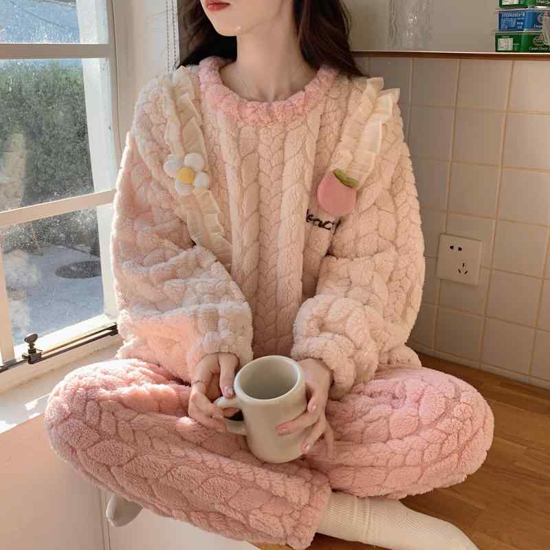 パジャマ レディース 冬 あたたかい もこもこ 花 苺 ブタ 女性 秋 起毛 厚手 服 セット ウェストゴム ズボン かわいい 部屋着 ルームウェア 旅行 大きいサイズ 緑 ピンク