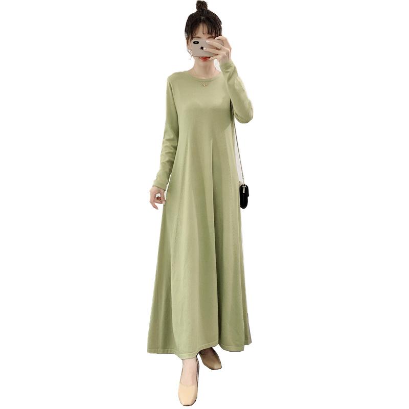 ワンピース レディース 暖かい ゆったり マキシ丈 ニット 秋冬 セーター スカート プルオーバー 長袖 Aライン ラウンドネック ピンク 黒 茶