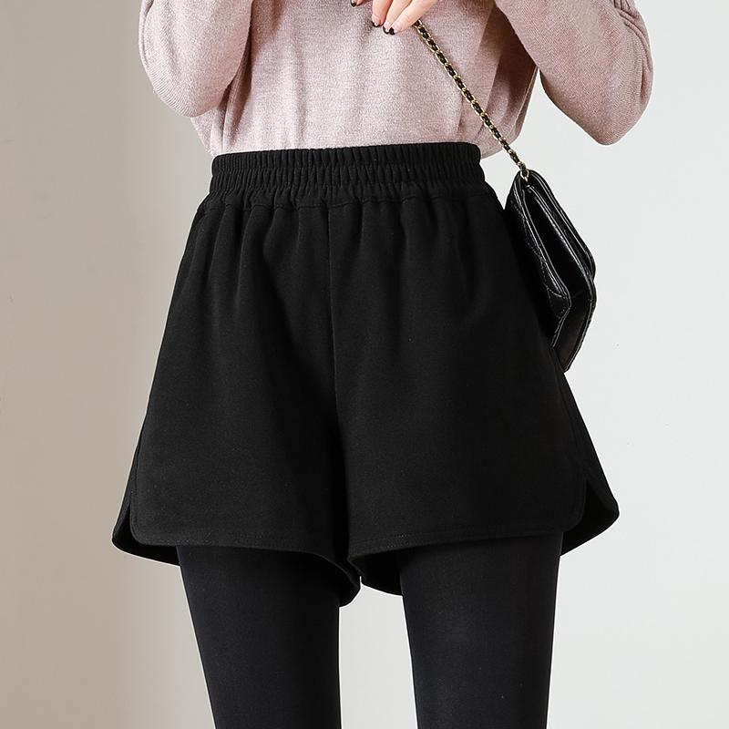 Wool - ショートパンツ レディース 秋冬 ボトムス ハイウエスト ゴム ワイド Aライン ポケット ウール 厚手 着痩せ 脚長効果 カジュアル おしゃれ 無地 大きいサイズ 黒