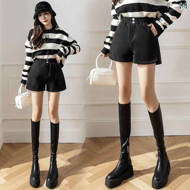 ショートパンツ レディース 秋冬 ボトムス ハイウエスト ゴム ワイド Aライン ポケット ウール 厚手 伸縮性 肌に優しい 着痩せ 脚長効果 カジュアル おしゃれ 無地 黒 茶色