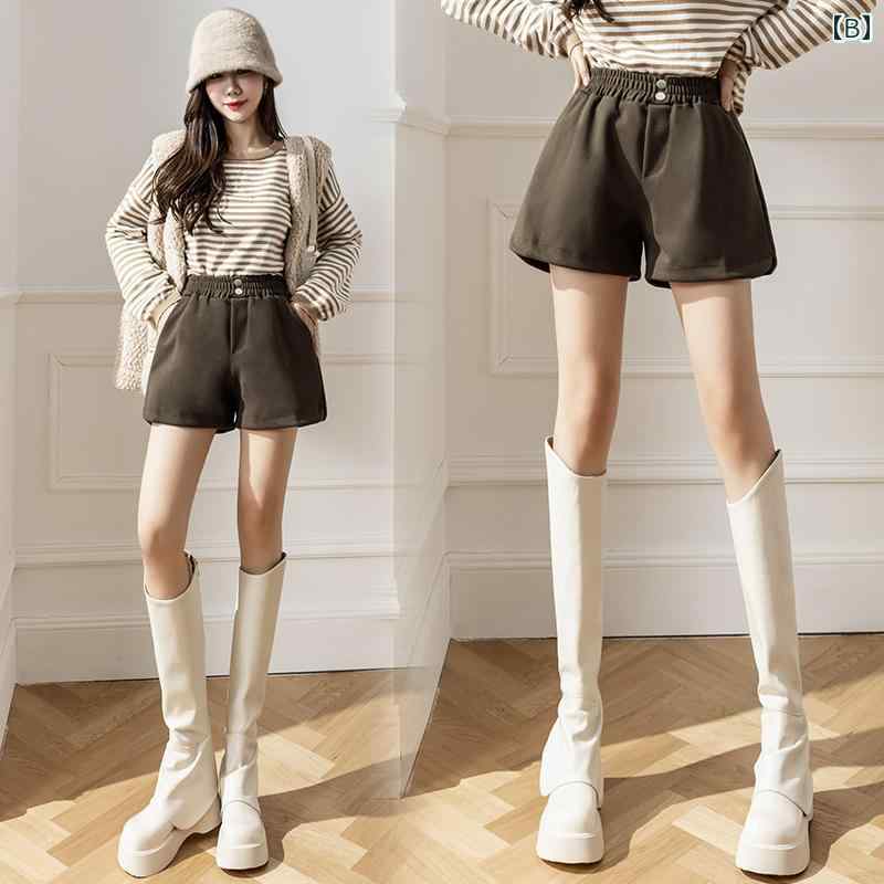 ショートパンツ レディース 秋冬 ボトムス ハイウエスト ゴム ワイド Aライン ポケット ウール 厚手 伸縮性 肌に優しい 着痩せ 脚長効果 カジュアル おしゃれ 無地 黒 茶色
