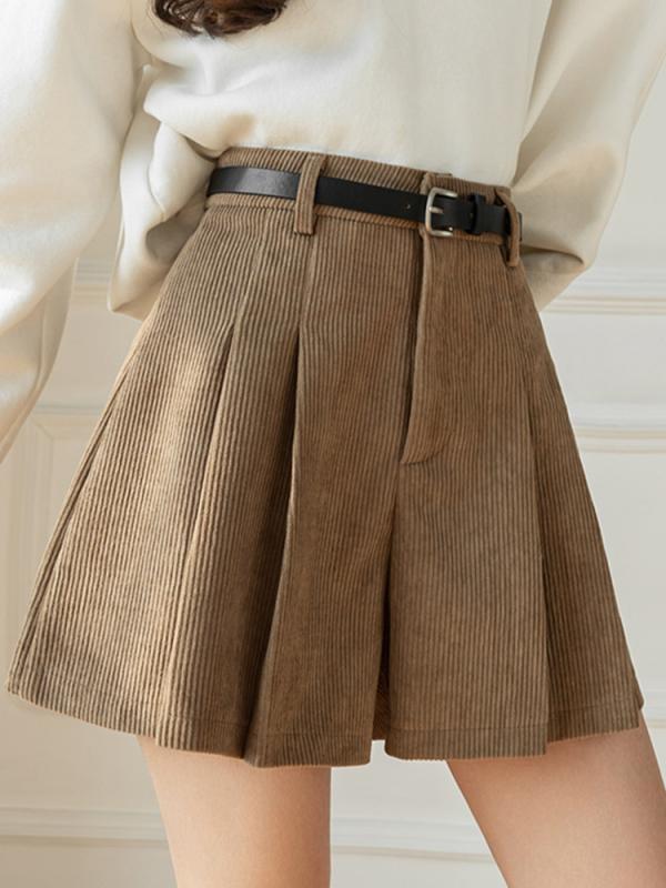 Corduroy - ショートパンツ レディース 秋冬 ボトムス キュロット ハイウエスト ワイド プリーツ Aライン ポケット ベルト付き コーデュロイ ウール 肌に優しい 厚手 着痩せ 脚長効果 カジュアル おしゃれ 無地 黒 茶色 カーキ