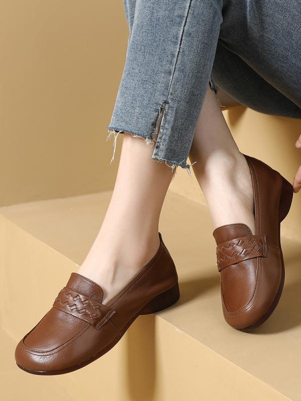 50代 女性 靴 歩きやすい 春秋 レトロ ラウンドトゥ ローヒール ソフトレザー カジュアルシューズ 滑り..