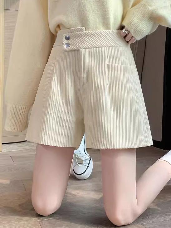 Corduroy - ショートパンツ レディース 秋冬 ボトムス ハイウエスト ファスナー コーデュロイ Aライン ポケット 厚手 着痩せ カジュアル 大きいサイズ アイボリー 黒 グレー