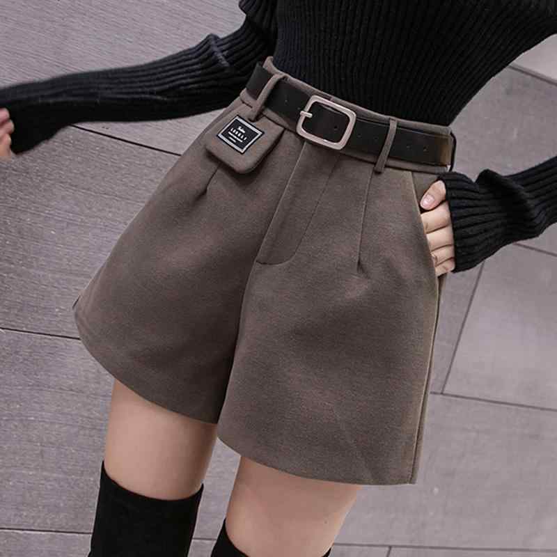ショートパンツ レディース 秋冬 ボトムス ハイウエス ウール ポケット 柔らかい 快適 着痩せ 脚長効果 カジュアル 英字 カーキ グレー 黒
