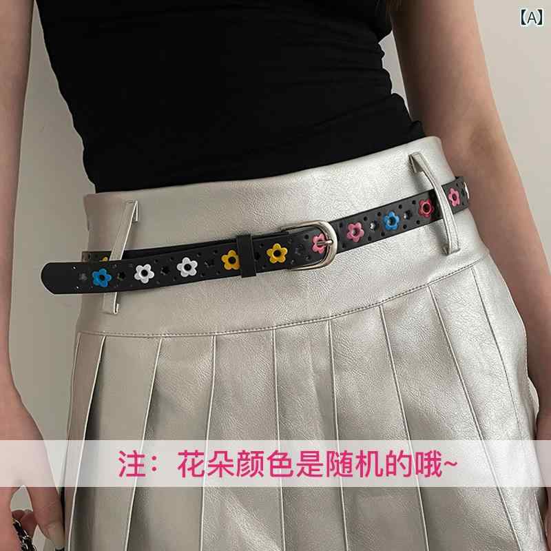 レディース 細い ベルト PUレザー 花飾り付き 合金 ピンバックル 夏 韓国 デニムパンツ スカート ワンピース ウエストマーク 引き締め おしゃれ 黒 白